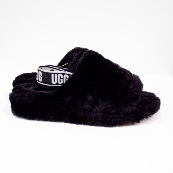 UGG OH FLUFFITA Platform Slide Black /UGG Logo Shearling Slipper Women's Size 10 - Picture 3 of 9